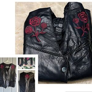 Embroidered Roses Buffalo Leather Snap Vest Bohemian